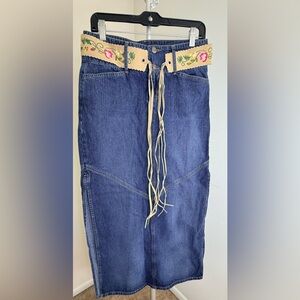 Vintage Y2K Paris Blues denim Jean maxi prairie skirt embroidered fringe belt 4